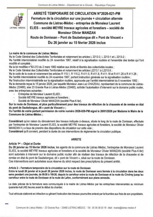 021 - Arrêté numéro 2026-021-PM - CIRCULATION - Travaux route de Donissan - Pont de Saubelongue_page-0001.jpg