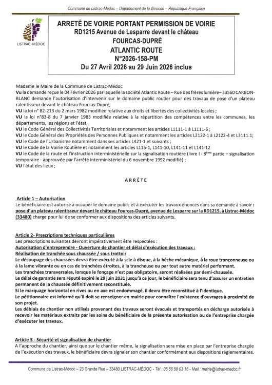 158-  Arrêté numéro 2026-158-PM- Voirie- Circulation alternée FOURCAS DUPRE_page-0001.jpg