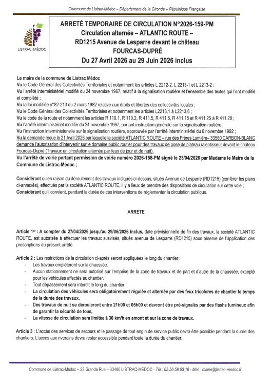 159-  Arrêté numéro 2026-159-PM- Circulation - Circulation alternée FOURCAS DUPRE_page-0001.jpg